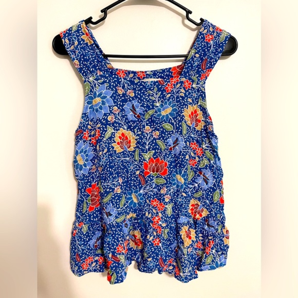 Loft Blue Floral Tank Top‎ Blouse Ruffle Hem | Size XS